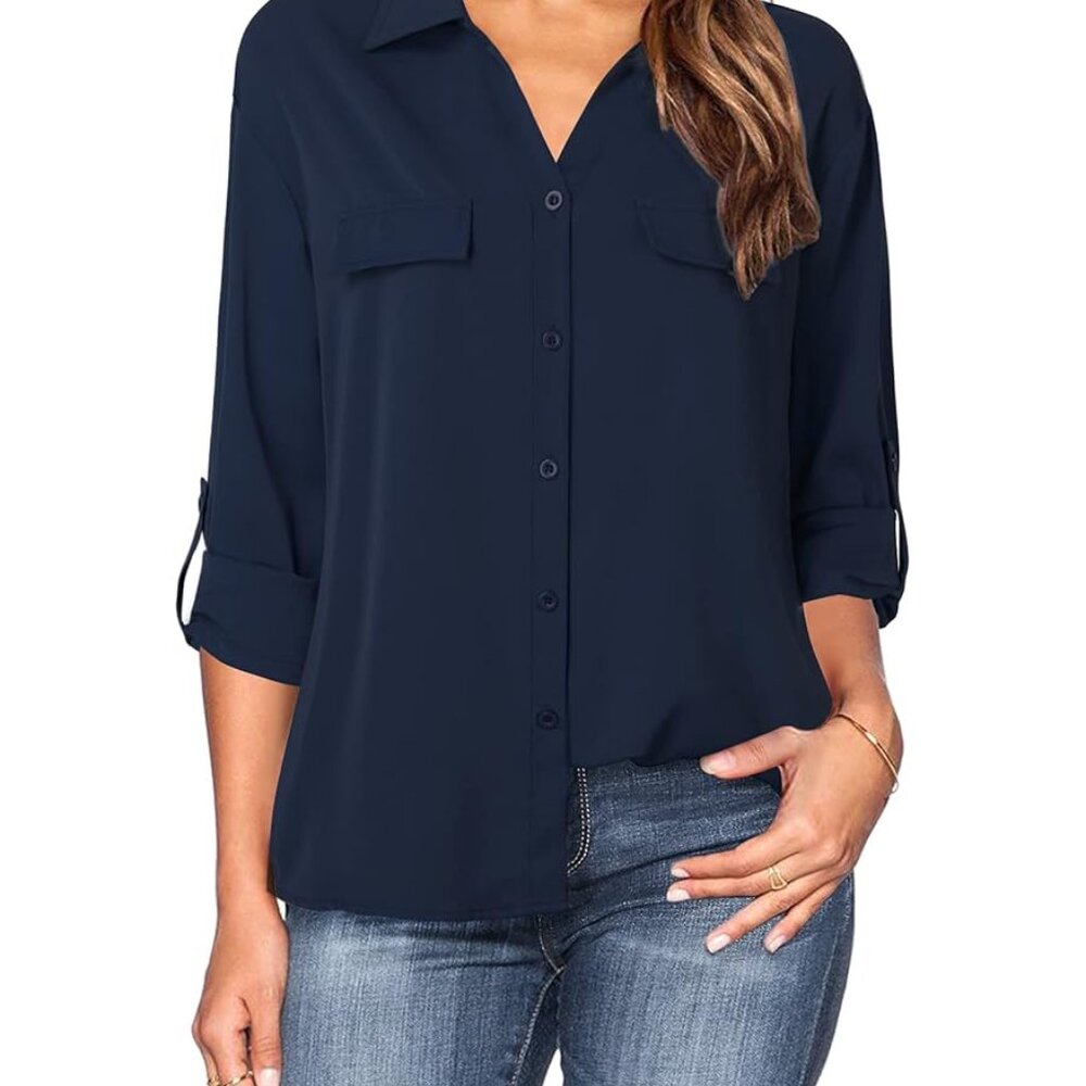 Lotusmile Women's Dressy Lapel Button Down Shirt XL